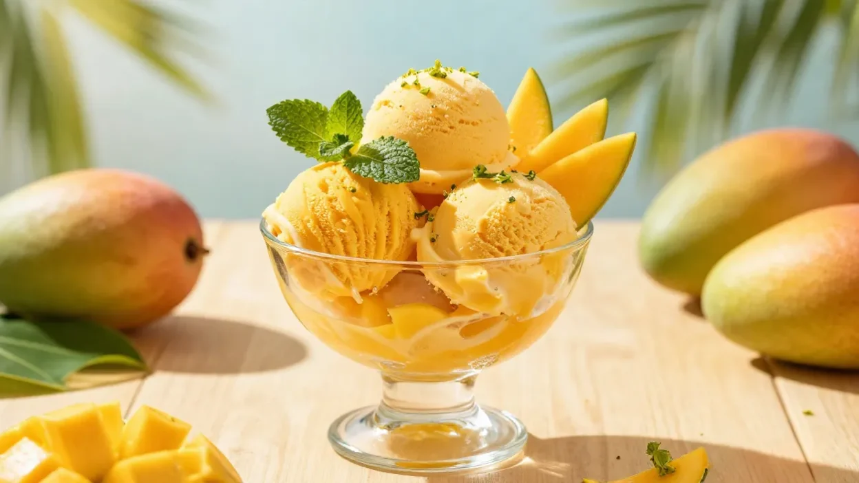Bright mango sorbet served in an elegant glass bowl with fresh mango, mint, and warm summer sunlight creating a tropical atmosphere.