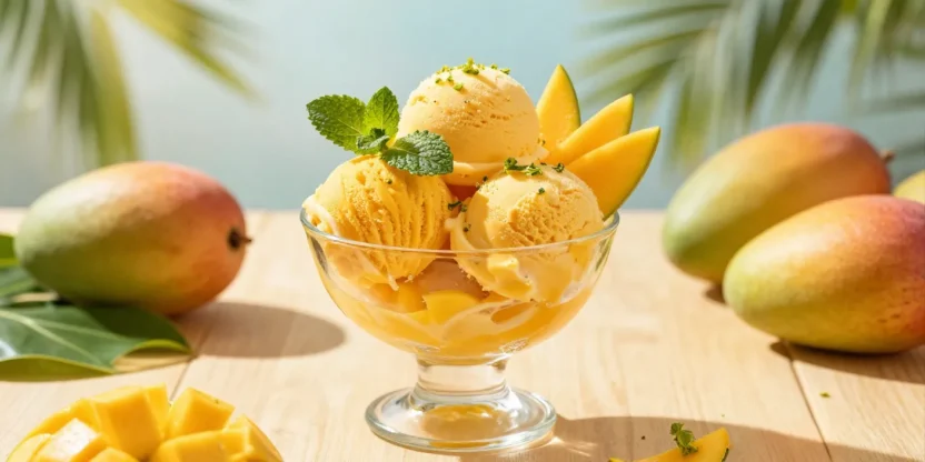 Bright mango sorbet served in an elegant glass bowl with fresh mango, mint, and warm summer sunlight creating a tropical atmosphere.