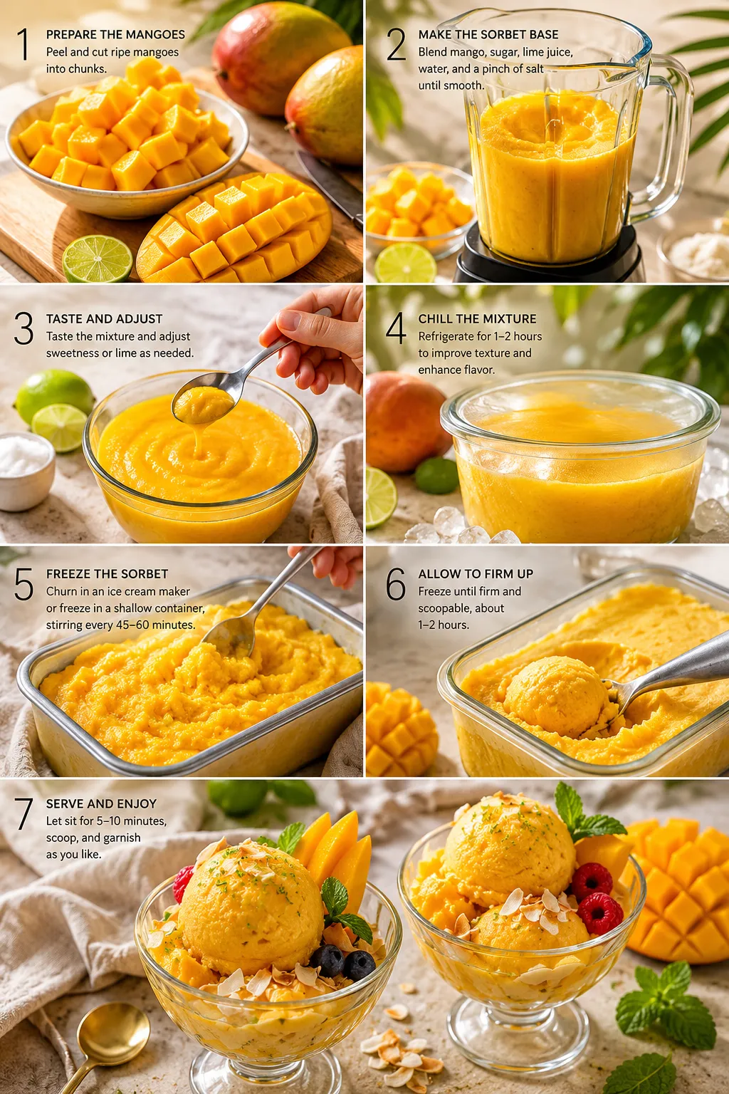 Six-scene collage showing the complete process of making mango sorbet, from preparing ripe mangoes and blending the base to freezing and serving the finished dessert.