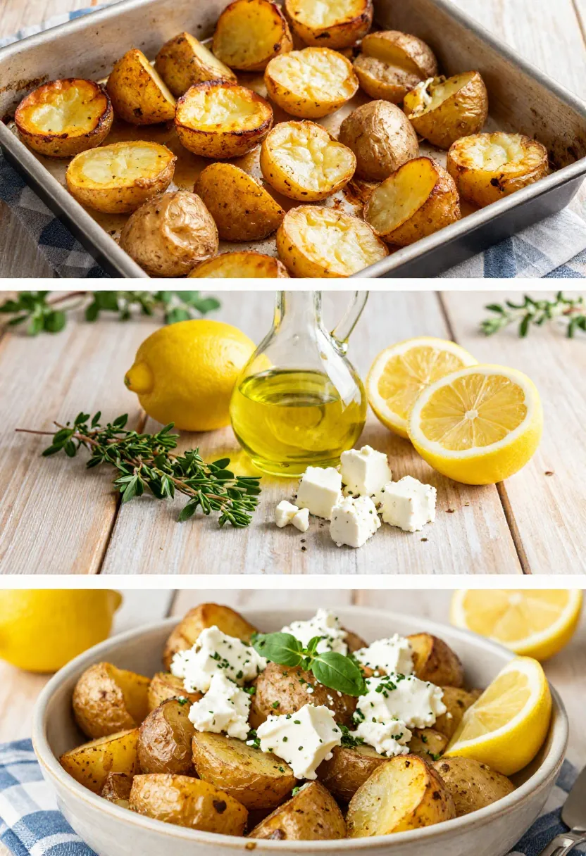Three-frame collage showing potatoes, feta, lemon, oregano, and the finished Mediterranean potato dish.