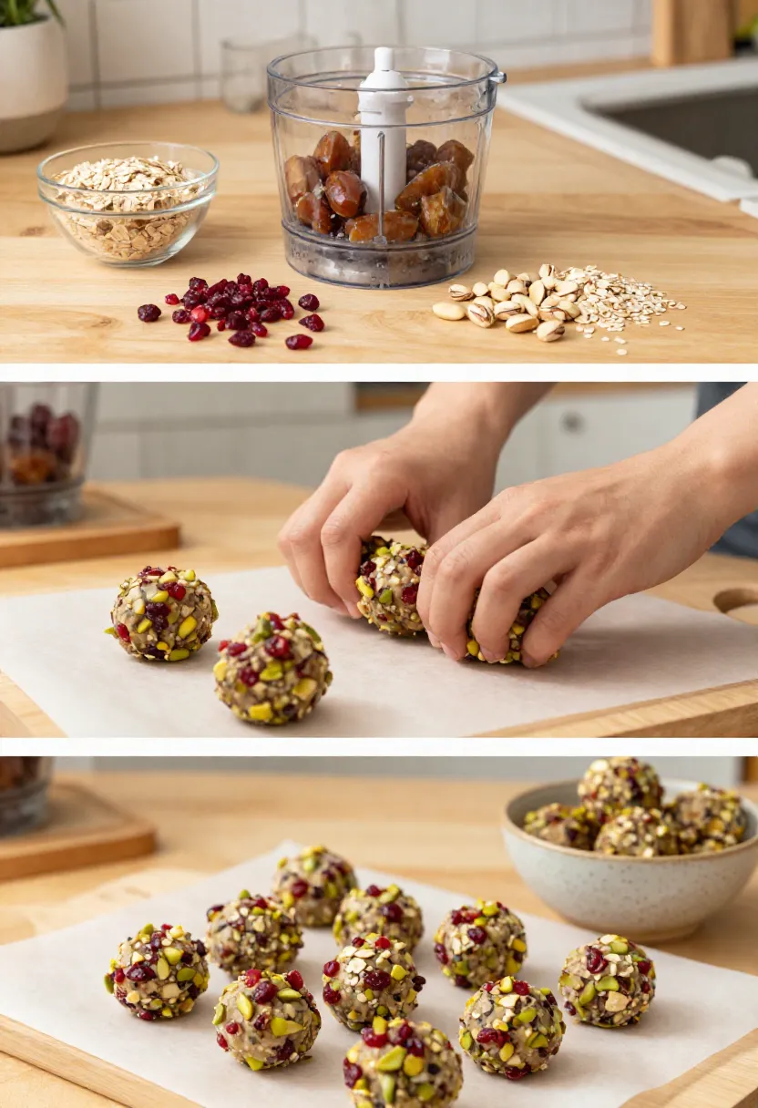 No-bake cranberry pistachio energy bites being mixed, rolled, and prepared in a home kitchen.
