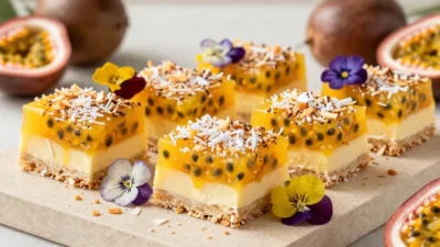 Beautifully presented passionfruit coconut slice with golden layers, fresh passionfruit, and elegant tropical styling.