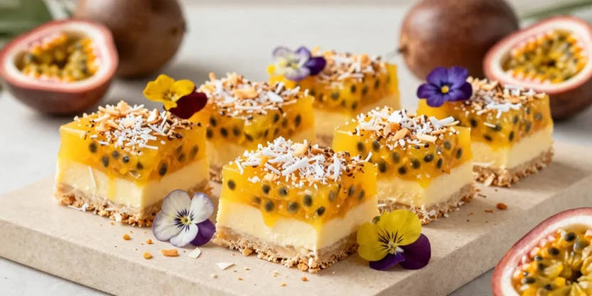 Beautifully presented passionfruit coconut slice with golden layers, fresh passionfruit, and elegant tropical styling.