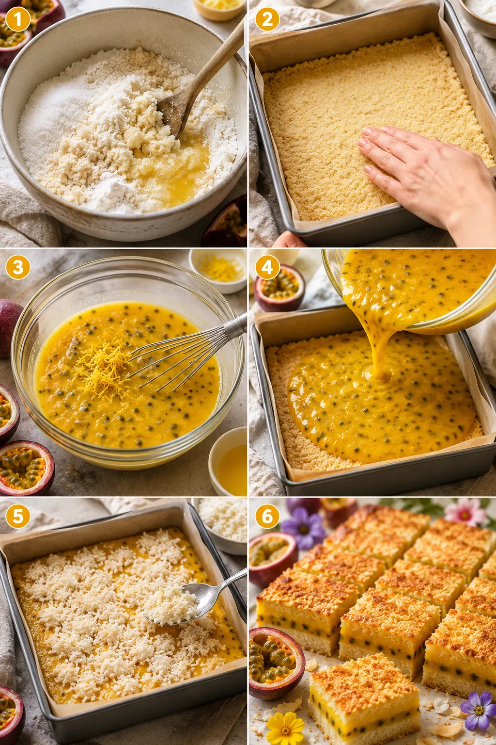 Vertical collage showing the complete process of making passionfruit coconut slice from ingredients to finished dessert.