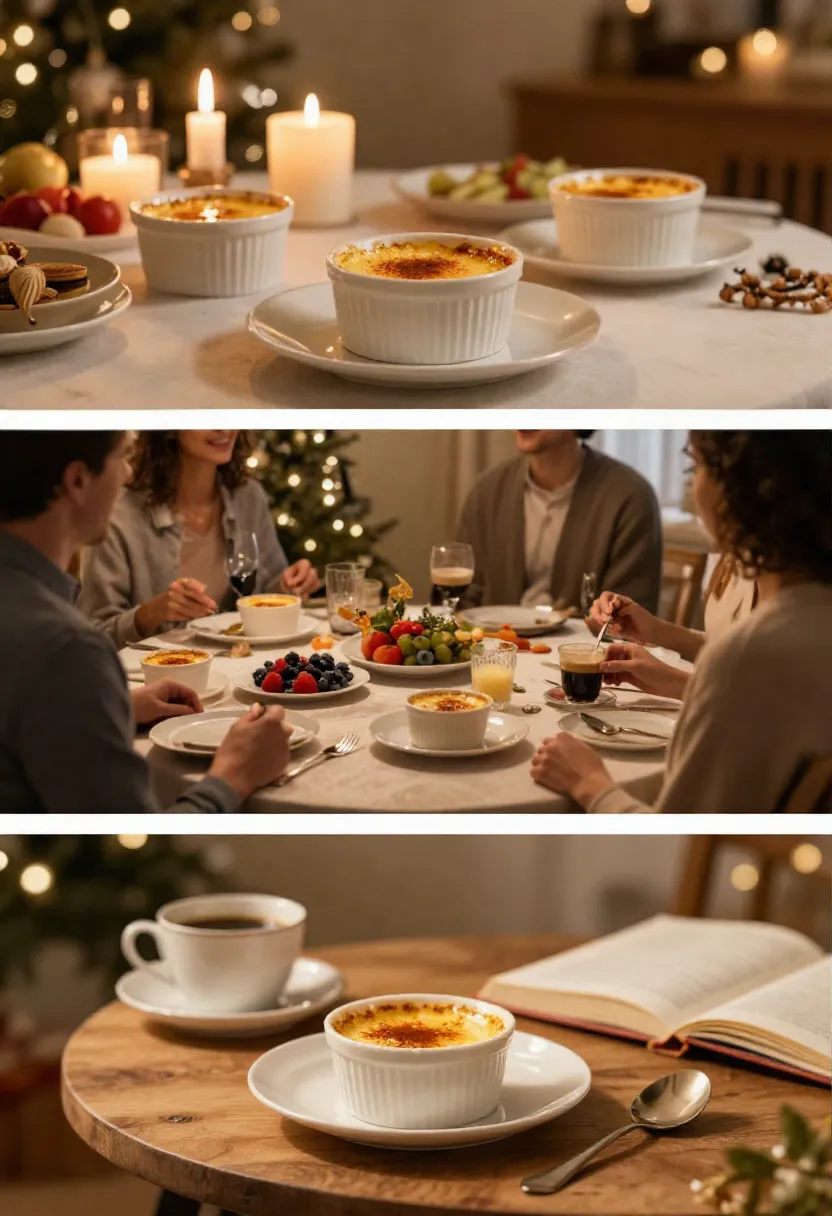 Three-frame collage showing crème brûlée served for holidays, dinner parties, and cozy evenings at home.