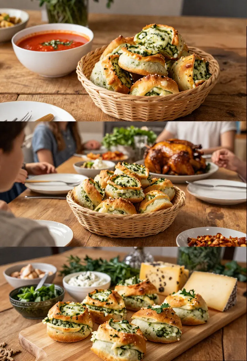 Three-frame collage showing cheesy pesto rolls being pulled apart, revealing fluffy layers and stretchy melted cheese.