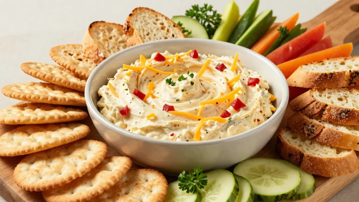 Creamy homemade pimento cheese served on an elegant board with crackers, toasted bread, and fresh vegetables.