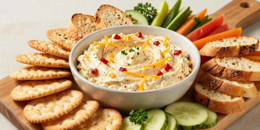 Creamy homemade pimento cheese served on an elegant board with crackers, toasted bread, and fresh vegetables.