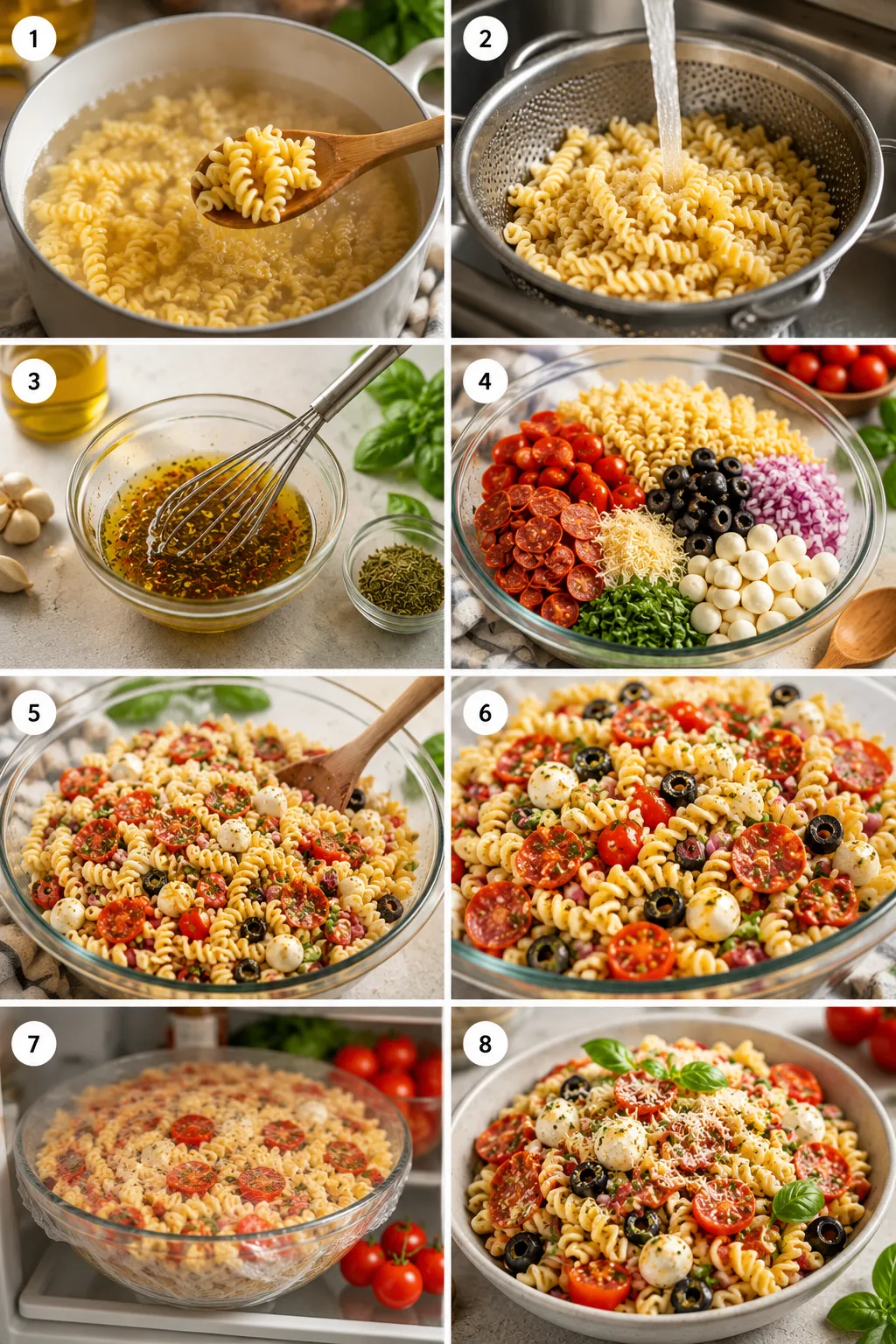 Vertical step-by-step collage showing pasta cooking, ingredients being combined, dressing mixed, and finished pizza pasta salad ready to serve.