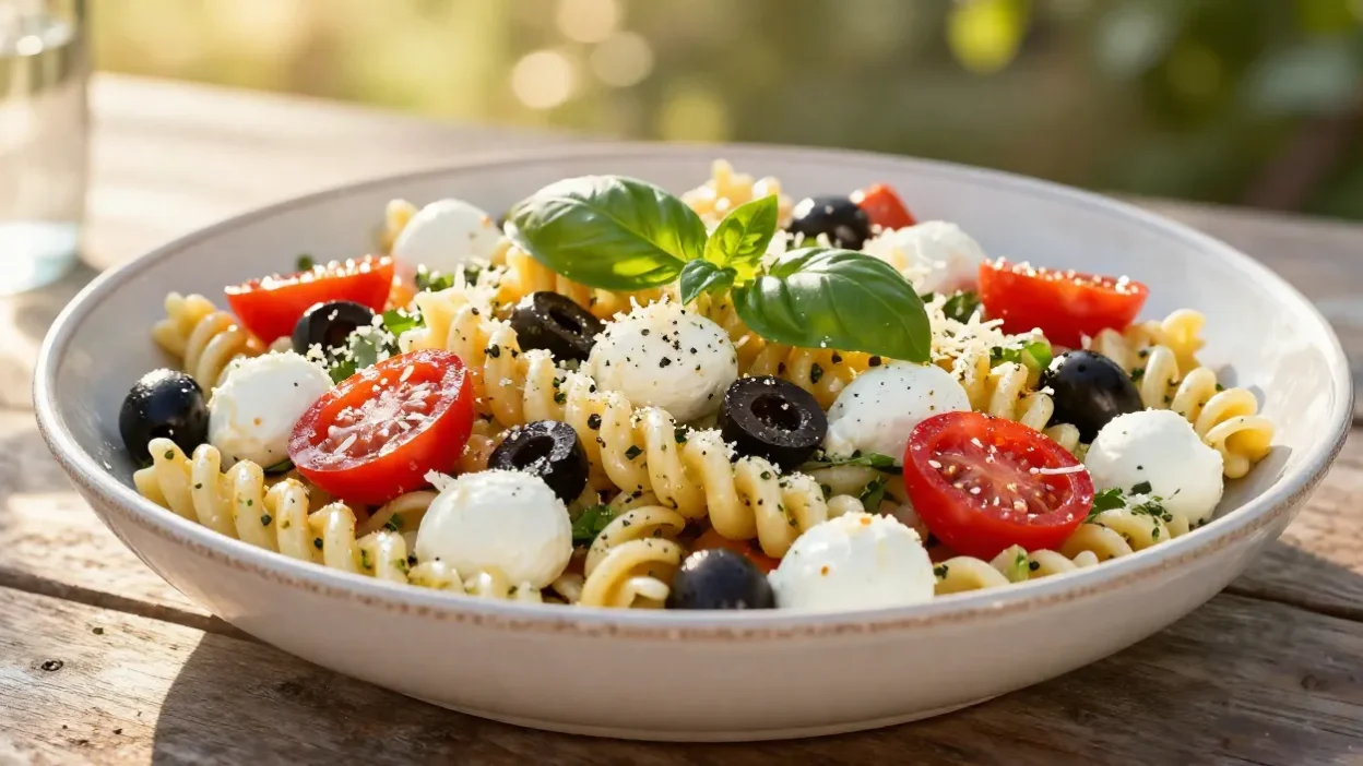 Pizza pasta salad with mozzarella, pepperoni, tomatoes, and fresh basil served outdoors in warm summer light.