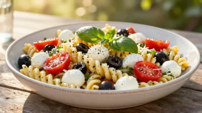 Pizza pasta salad with mozzarella, pepperoni, tomatoes, and fresh basil served outdoors in warm summer light.