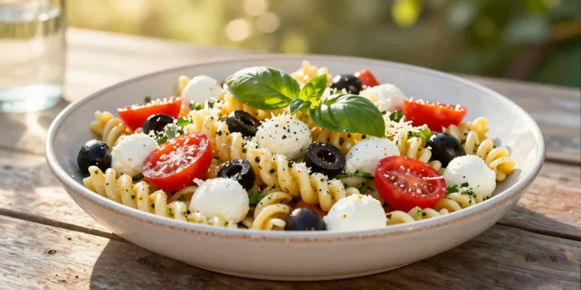 Pizza pasta salad with mozzarella, pepperoni, tomatoes, and fresh basil served outdoors in warm summer light.