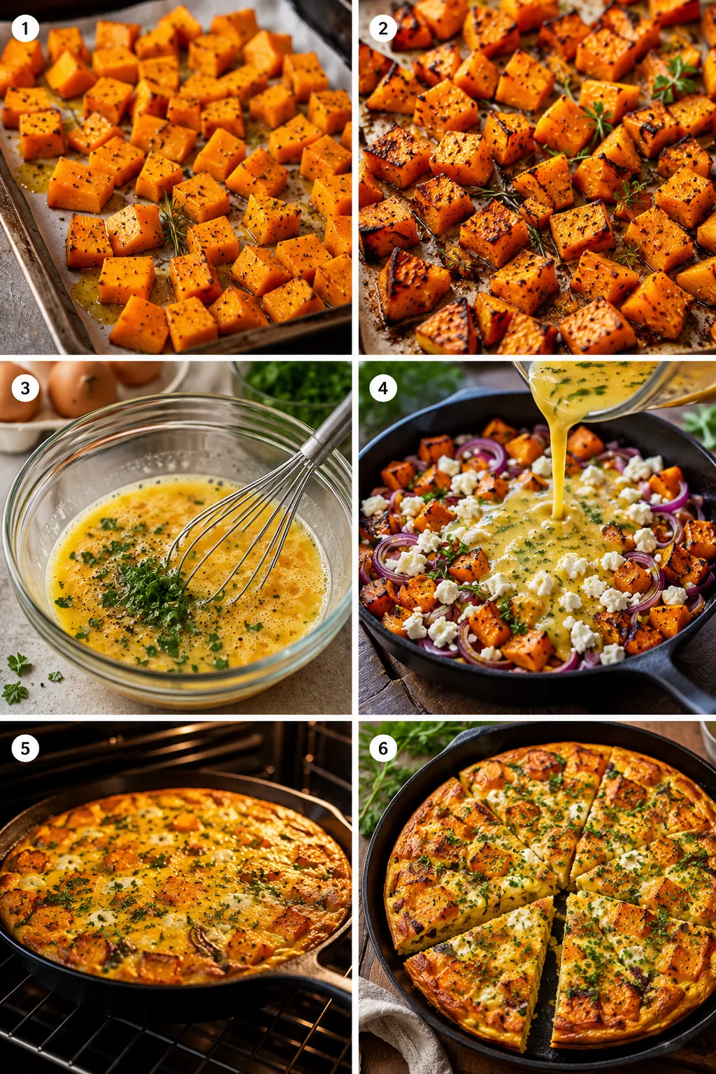Six-frame collage showing the step-by-step process of making pumpkin frittata from roasting pumpkin to the finished sliced dish.