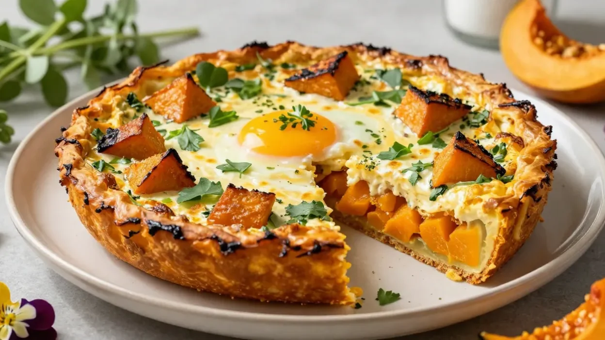 Golden roasted pumpkin frittata with fresh herbs and elegant seasonal garnishes beautifully presented for brunch.