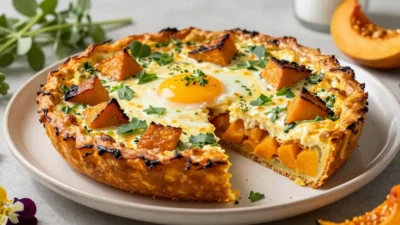 Golden roasted pumpkin frittata with fresh herbs and elegant seasonal garnishes beautifully presented for brunch.