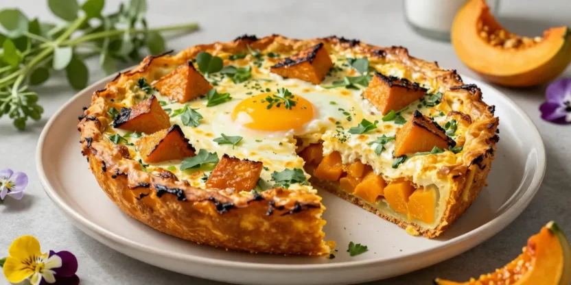 Golden roasted pumpkin frittata with fresh herbs and elegant seasonal garnishes beautifully presented for brunch.
