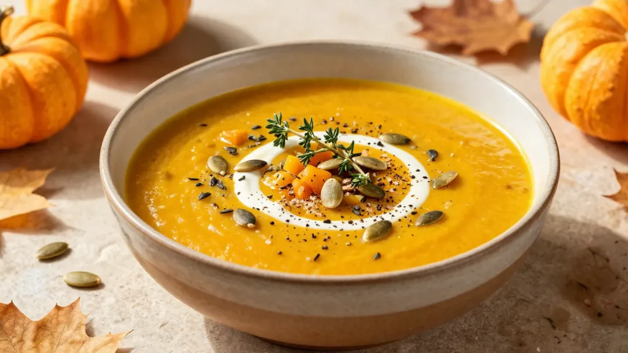 Beautifully served pumpkin wild rice soup garnished with pumpkin seeds, herbs, and a swirl of cream in an elegant autumn setting.