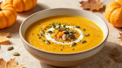 Beautifully served pumpkin wild rice soup garnished with pumpkin seeds, herbs, and a swirl of cream in an elegant autumn setting.