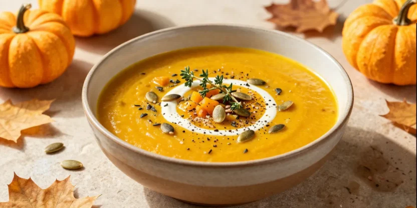 Beautifully served pumpkin wild rice soup garnished with pumpkin seeds, herbs, and a swirl of cream in an elegant autumn setting.