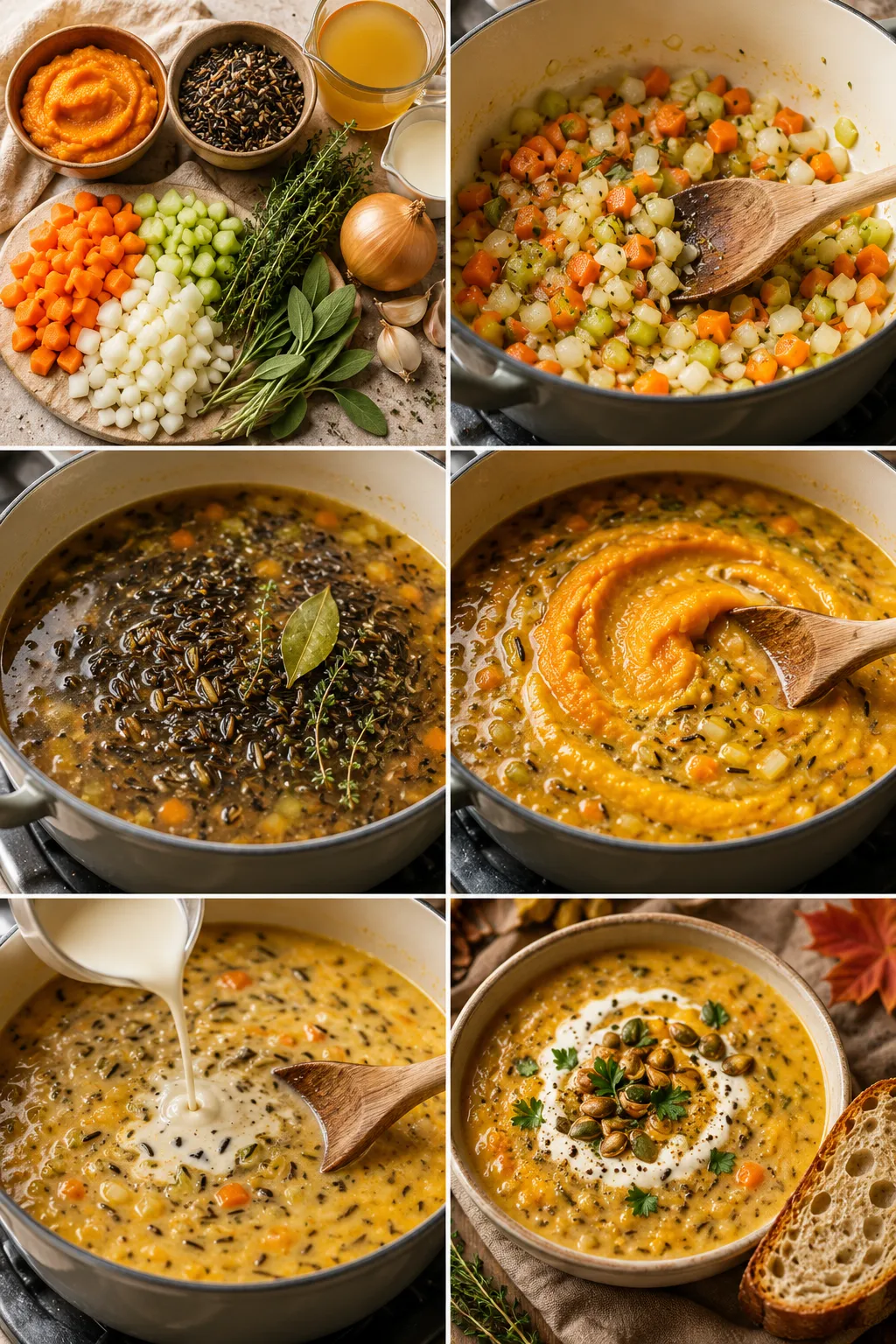 Vertical collage showing the complete step-by-step preparation of creamy pumpkin wild rice soup from fresh ingredients to the finished garnished bowl.