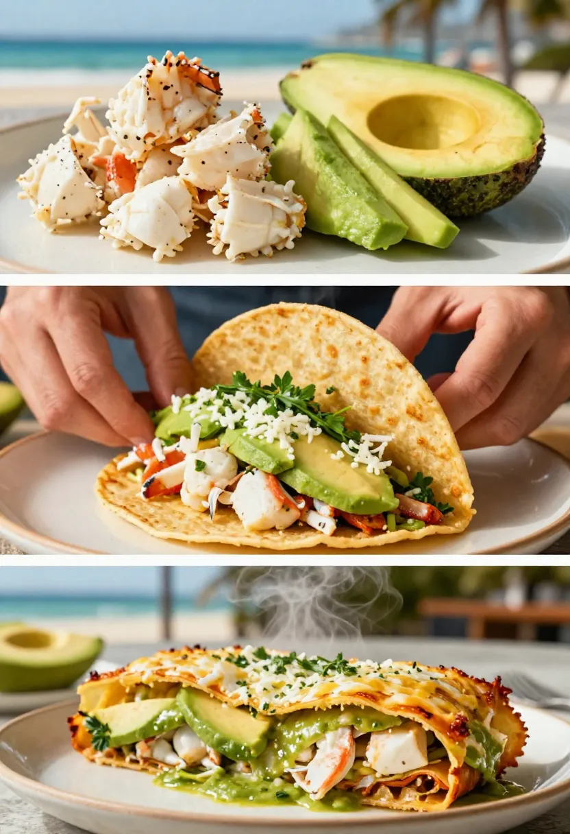 Three-frame collage showing crab avocado enchiladas with seafood filling, fresh avocado, lime, herbs, and green enchilada sauce in different stages of preparation.