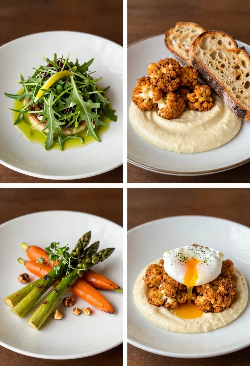 Four-scene collage showing crispy cauliflower and saffron celeriac purée served with salad, artisan bread, roasted vegetables, and a soft-poached egg.