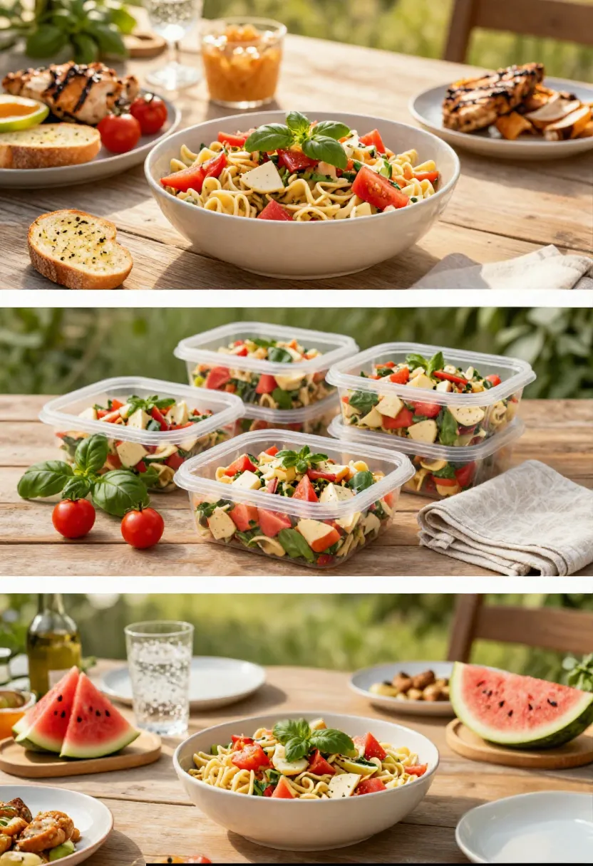 Vertical three-frame collage showing pizza pasta salad served at a picnic, packed for meal prep, and enjoyed at a casual summer gathering.