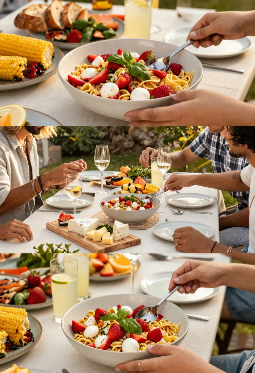 Outdoor family meal: a large pasta salad with strawberries and mozzarella, corn on the cob, a cheese board, and drinks on a sunlit table.