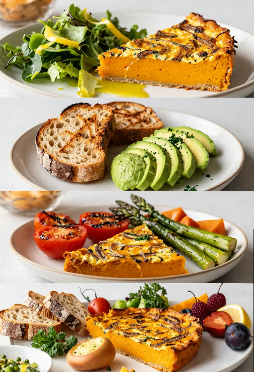 Seamless vertical collage showing pumpkin frittata served with salad, sourdough, avocado, roasted vegetables, and an elegant brunch spread.