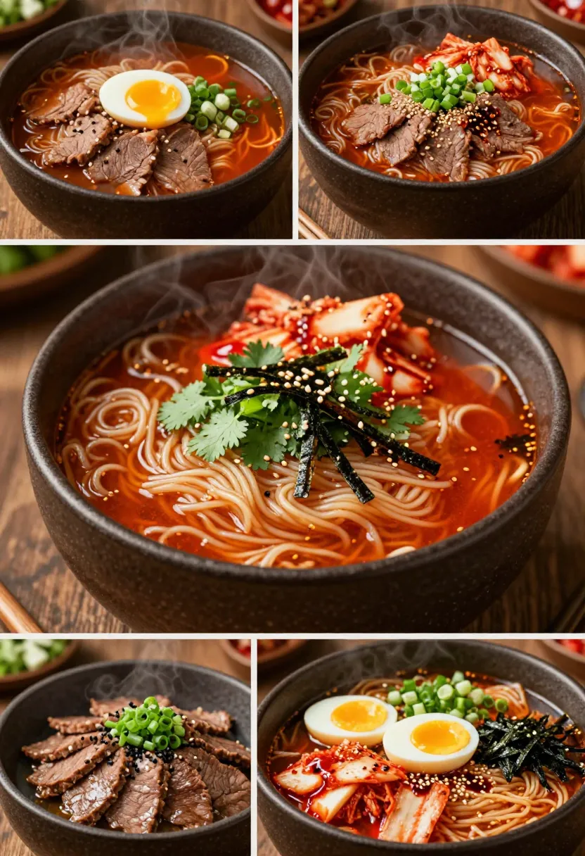 Five kimchi beef noodle soup bowls topped with different garnishes including soft-boiled egg, kimchi, green onions, sesame seeds, chili crisp, and nori.
