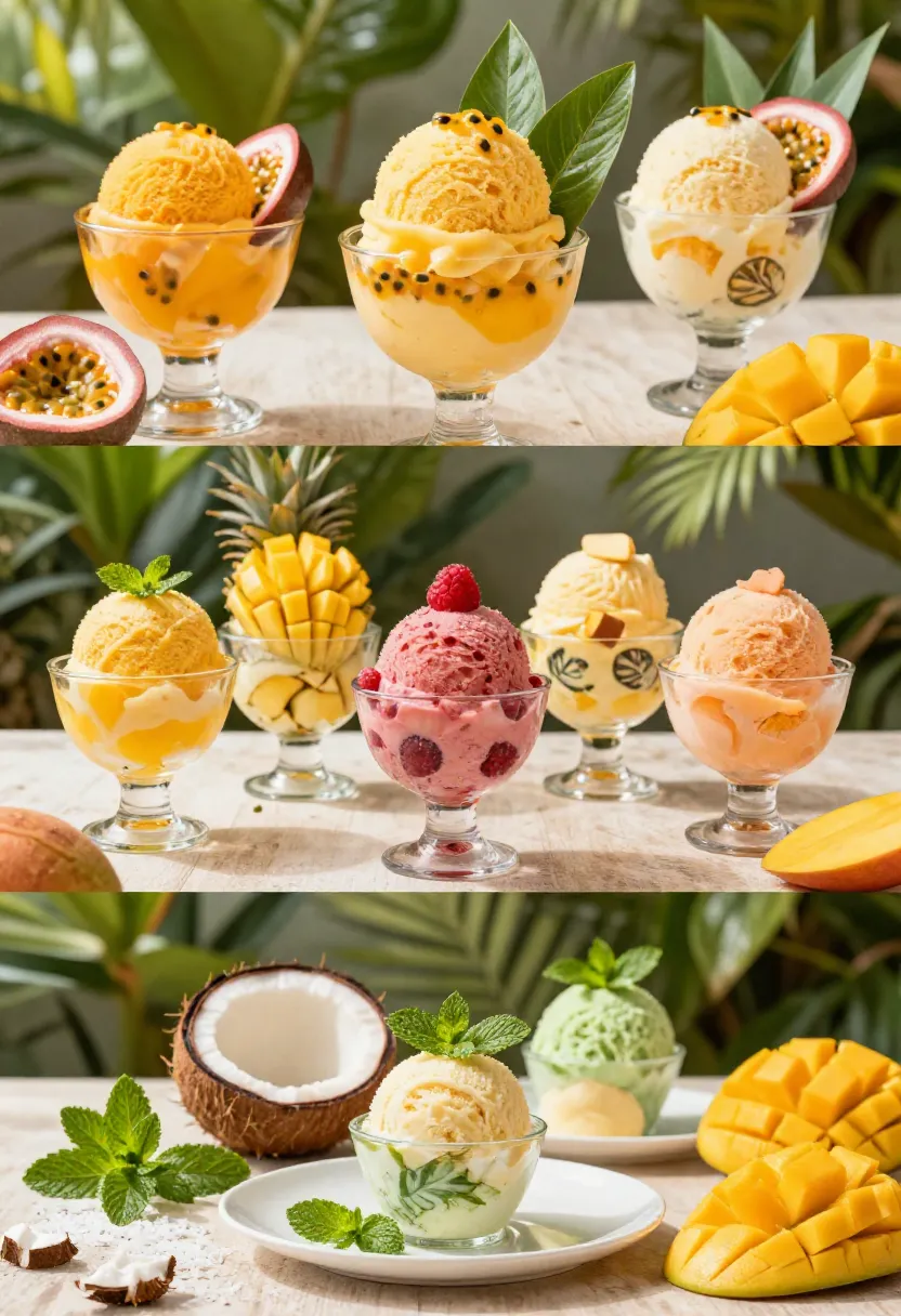 Three-scene collage featuring mango sorbet variations with passion fruit, pineapple, raspberry, coconut, peach, and fresh mint.