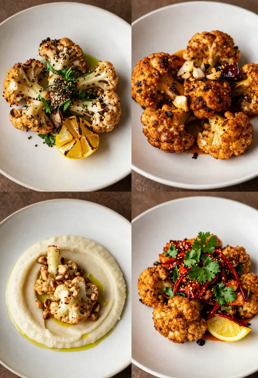 Four-scene collage featuring different variations of crispy cauliflower with celeriac purée, including za'atar, smoked paprika, toasted hazelnuts, and chili lemon versions.