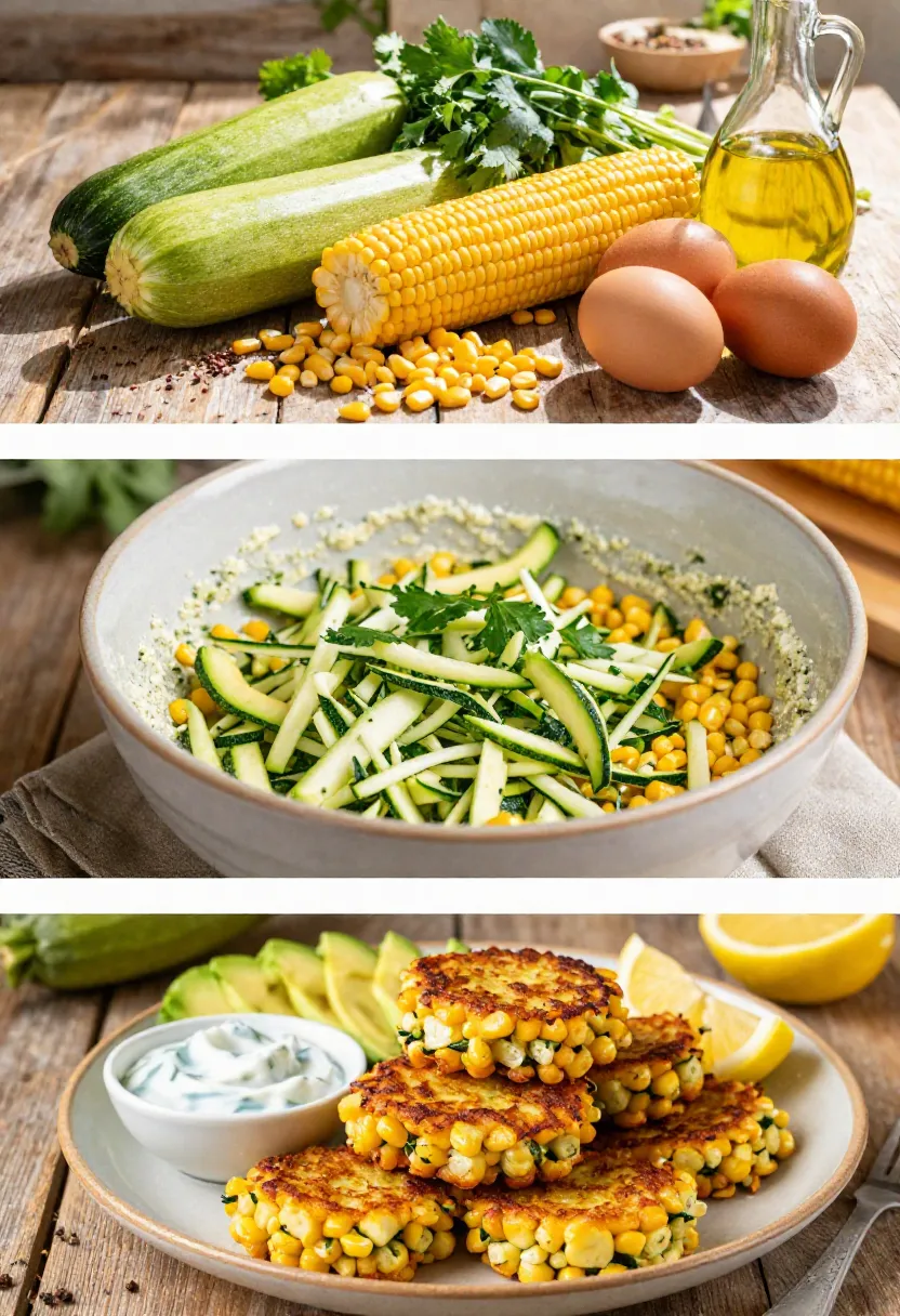 Three-frame collage showing fresh ingredients, fritter batter preparation, and golden corn and zucchini fritters served with yogurt and lemon.