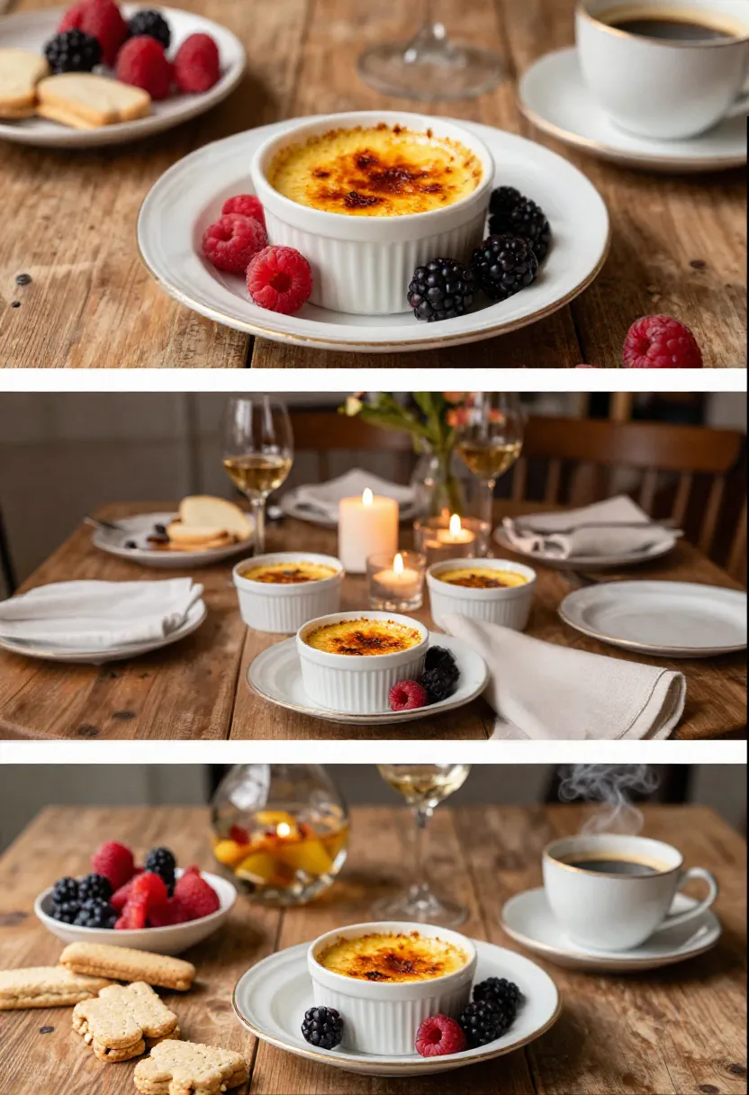 Crème brûlée on a white plate with raspberries and blackberries on a rustic wooden table, coffee cup in the background.