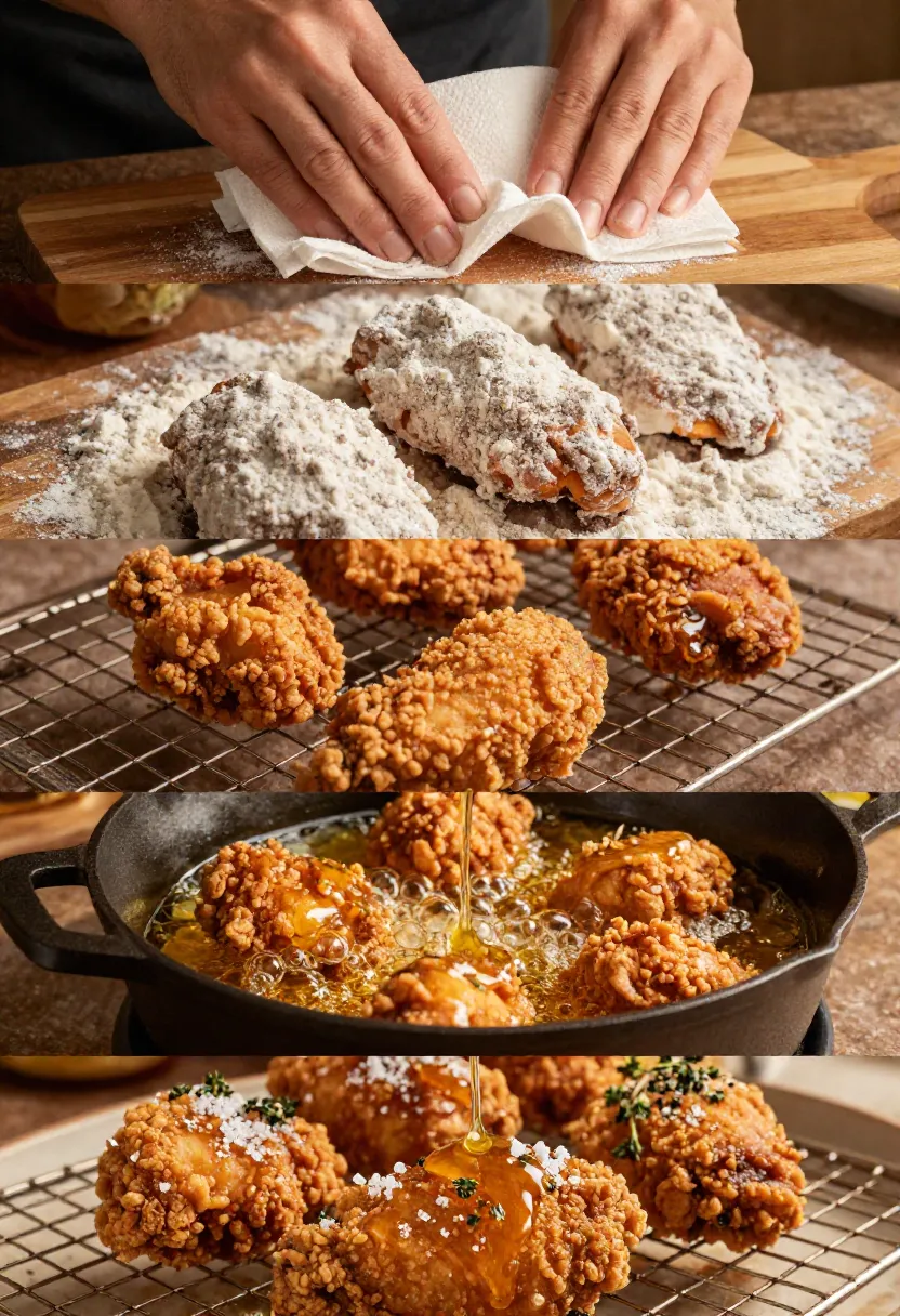 Collage showing fried chicken preparation: wiping a cutting board, breaded chicken pieces, frying in hot oil, and finished glazed fried chicken on a rack.