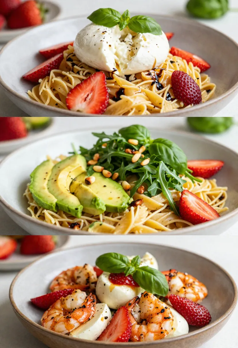 Pasta dish topped with burrata, fresh basil, strawberries, and balsamic drizzle in a shallow bowl.