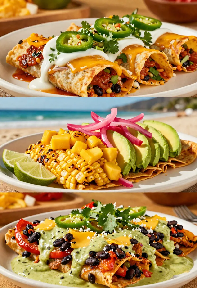 Three-frame collage showing spicy, fresh, and hearty variations of crab avocado enchiladas with different toppings and fillings.