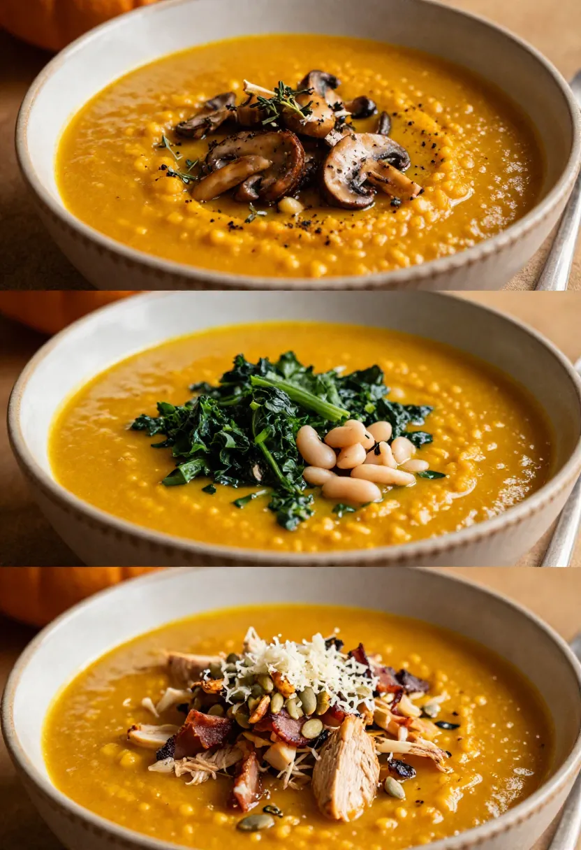 Collage showing three flavorful variations of pumpkin wild rice soup with mushrooms, greens, beans, chicken, and seasonal toppings.