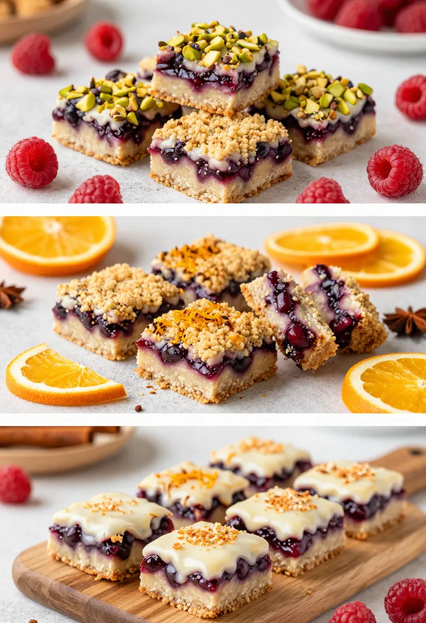 Three-frame collage showing different jamun berry bar variations with pistachios, citrus and spices, and a vanilla glaze with toasted coconut.