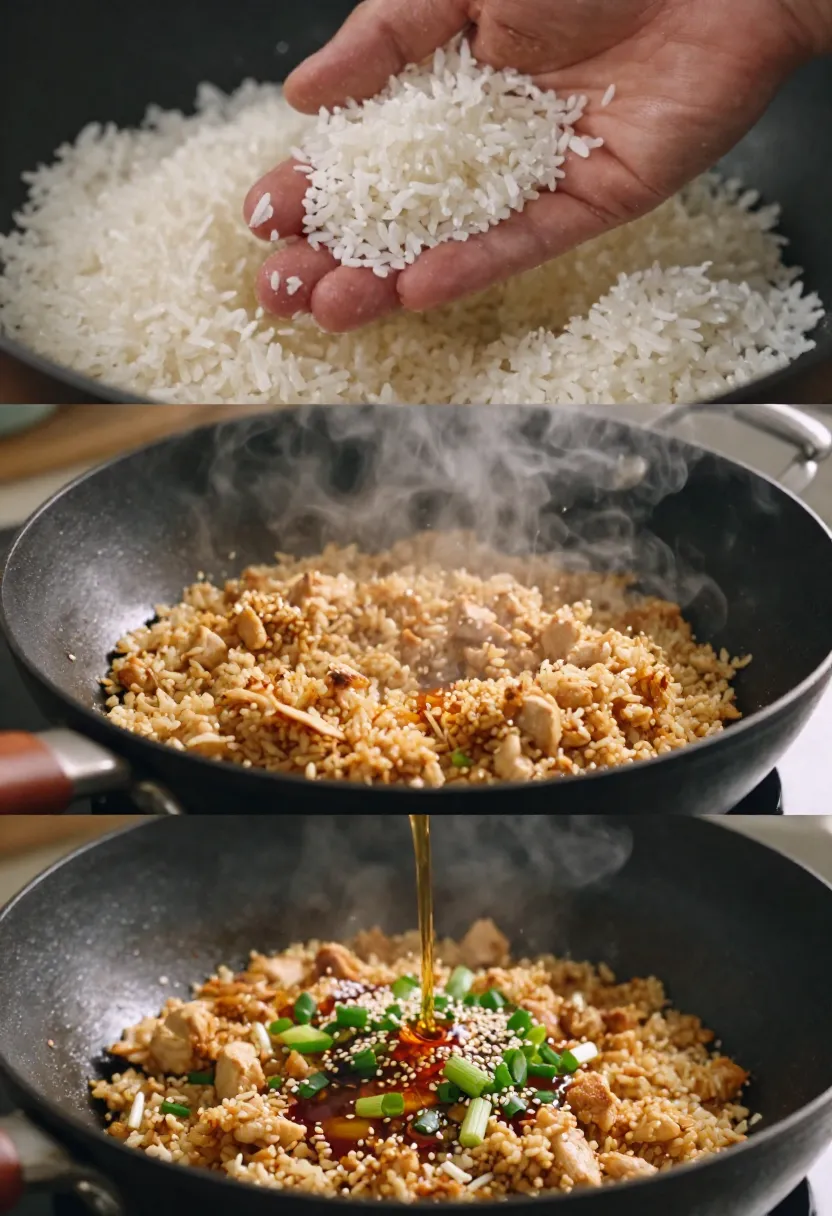 Action collage highlighting essential techniques for making perfect chicken fried rice.