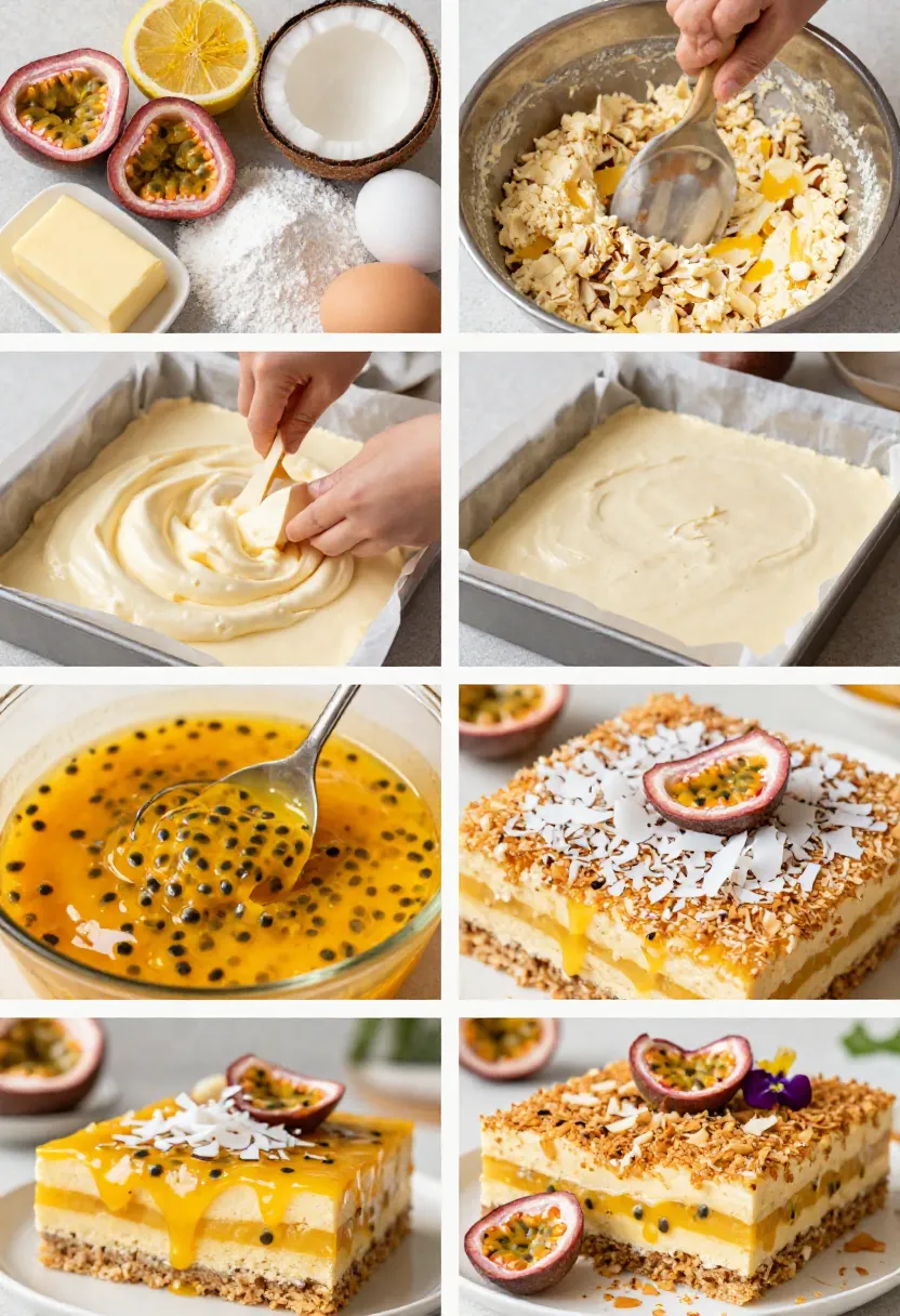 Close-up of fresh passionfruit, toasted coconut, lemon zest, and passionfruit coconut slice ingredients.