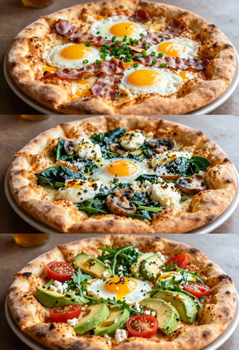 Collage showing three variations of cheesy garlic naan breakfast pizza with baked eggs, different toppings, and melted cheese.