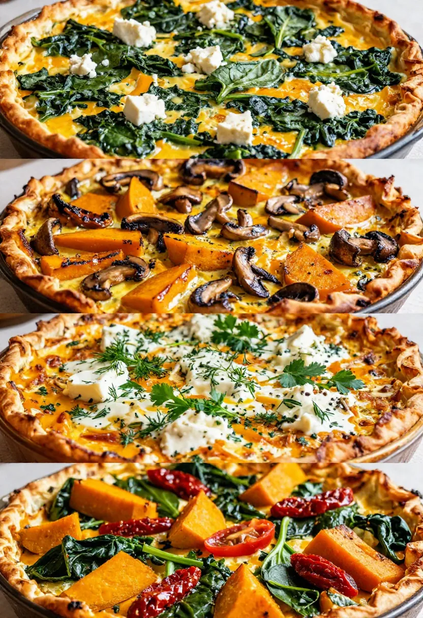 A collage of four pizzas with different toppings: spinach and feta; mushrooms and roasted squash; creamy herb cheese with herbs; and kale with roasted pumpkin pieces on crusts