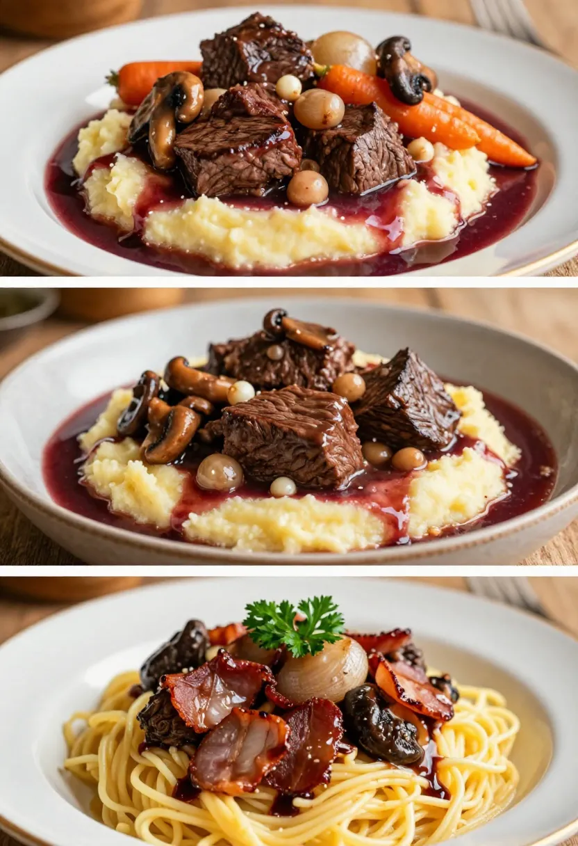 Beef braise with chunky pieces of meat, mushrooms, pearl onions, and a red wine sauce served over creamy mashed potatoes on a white plate (three-dish collage). It emphasizes the composed dish and colors rather than individual details.