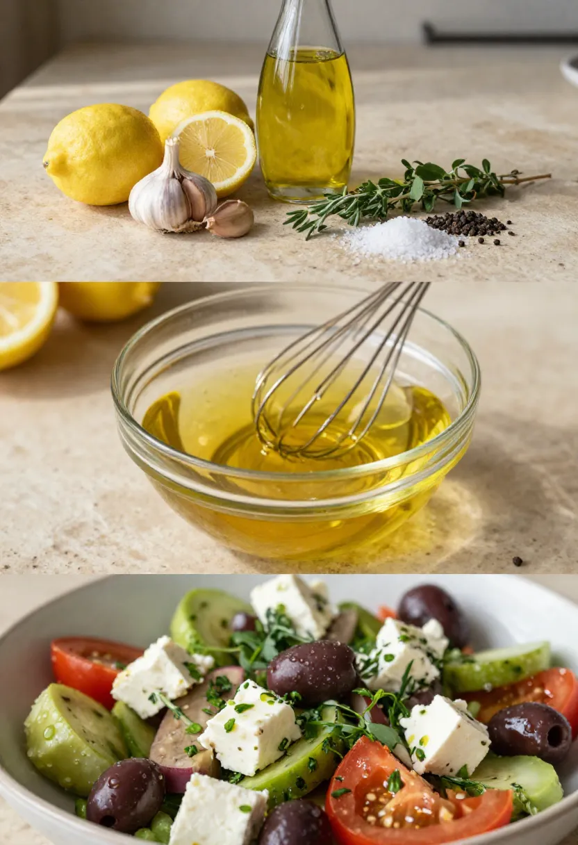 Top row shows lemons, garlic, olive oil, thyme, and salt and pepper on a kitchen counter.