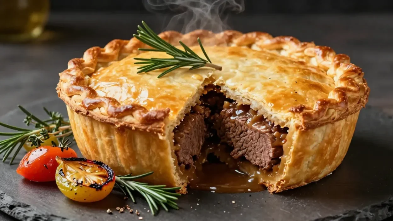 Golden steak pie with rich beef filling, elegant garnish, and premium food styling.