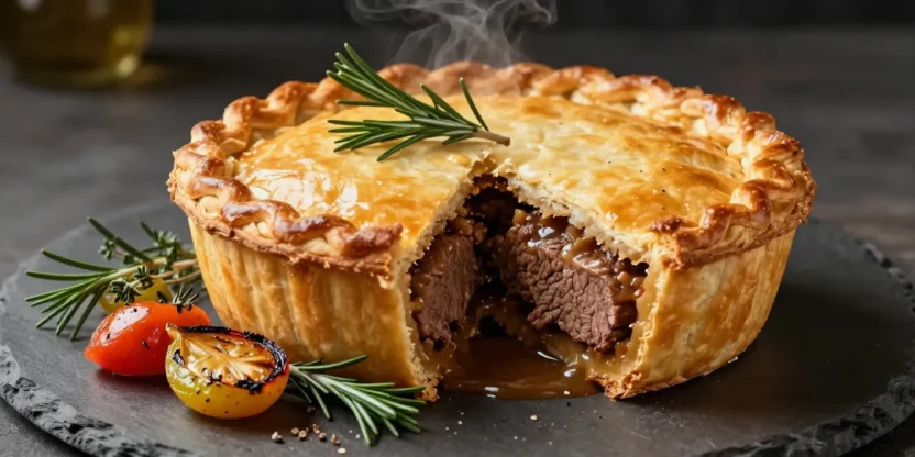Golden steak pie with rich beef filling, elegant garnish, and premium food styling.