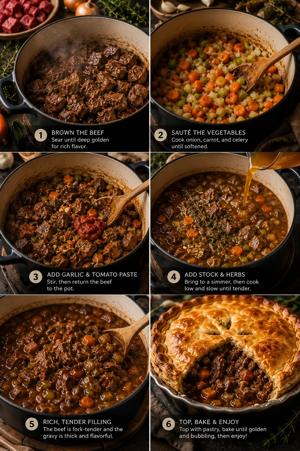 Four-panel collage showing beef browning, vegetables cooking, rich gravy simmering, and a finished golden steak pie.