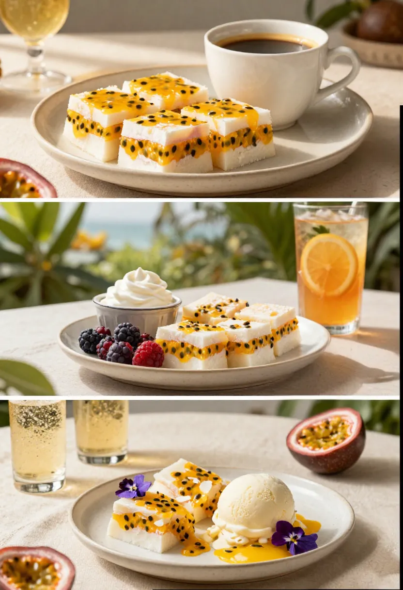 Collage of passionfruit coconut slice served with coffee, tea, berries, and elegant dessert accompaniments.