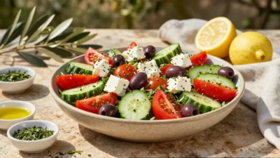 Beautifully served Mediterranean salad with tomatoes, cucumbers, feta cheese, olives, and fresh herbs arranged in an elegant outdoor setting.